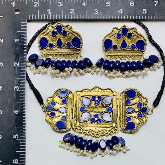 Blue Jewelry Set, Statement Choker Necklace With Earrings, Pearls Jewelry, - Picture 7 of 9